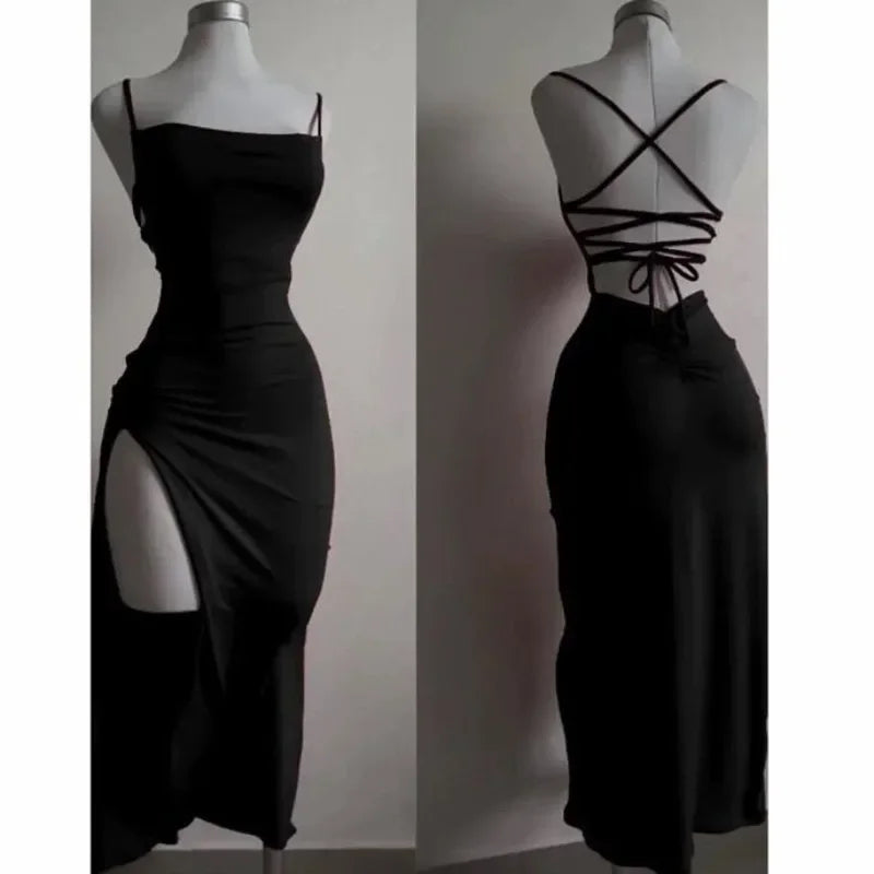 Lunivop Women Sexy Red Party Midi Dress Lace-up Irregular Split Long Dress Summer Halter Strap Spice Girl Bag Hip Clothes Solid
