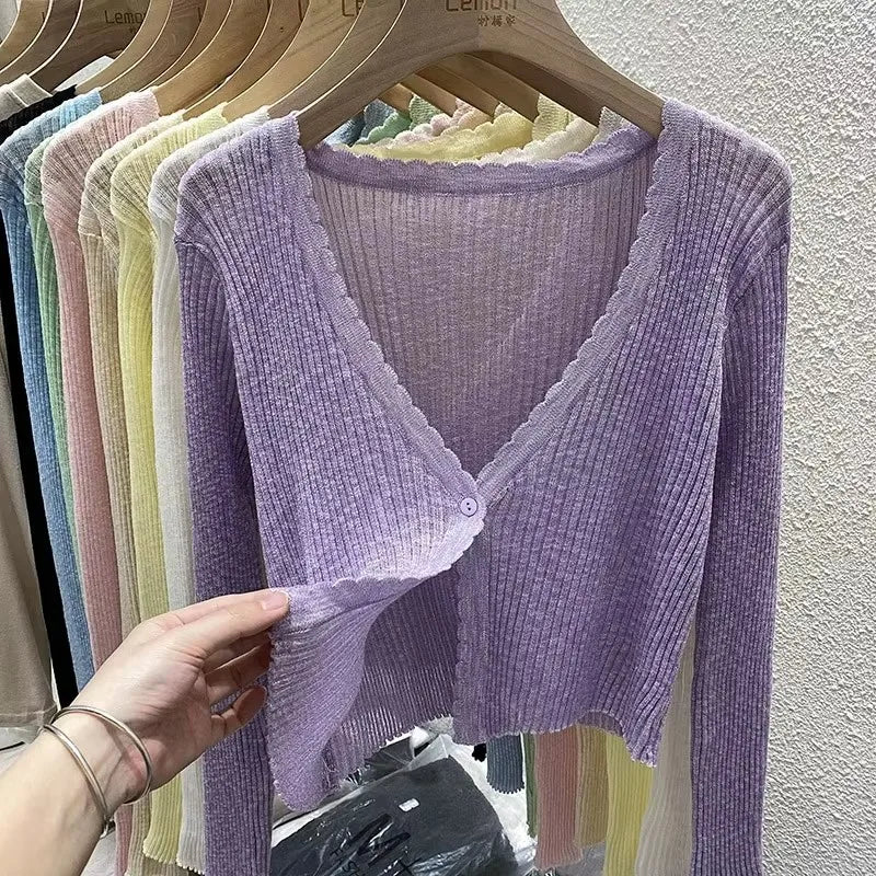 Lunivop Lightweight Sunscreen Shirt Women Crop Tops One Button Hollow Out Knit White Long Sleeve Cardigan Elegant Casual Shawl Coat