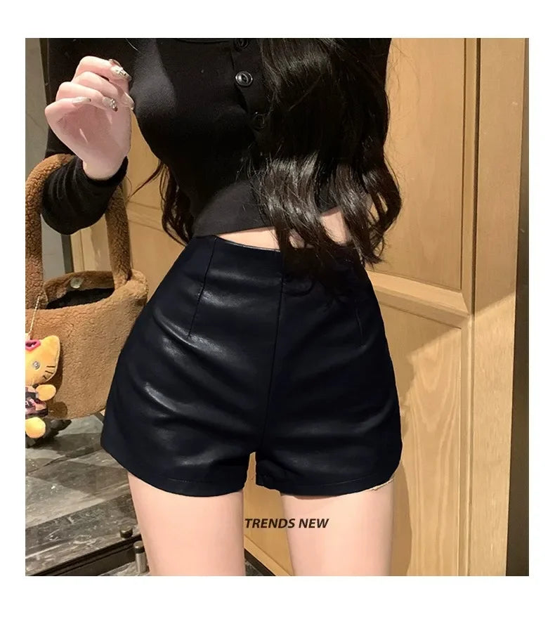 Lunivop Women's New Autumn Black Leather Shorts High-waisted Slimming Tight A- line Casual Pants For Smooth Slimmed Silhouette