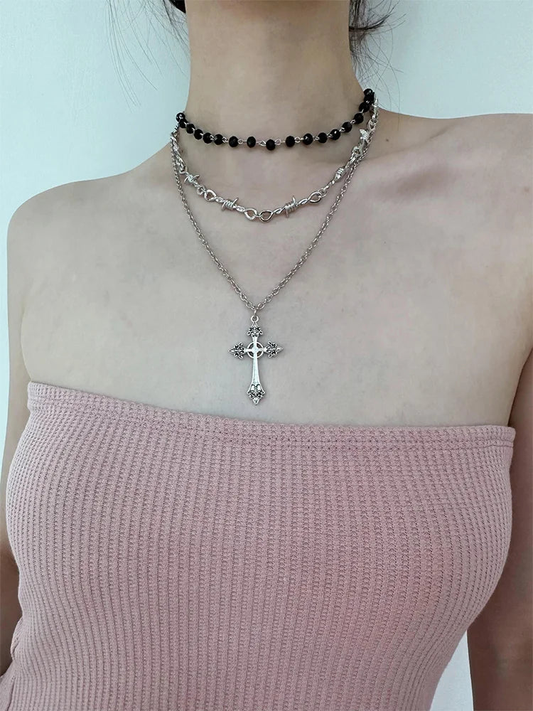 Lunivop 3 Pcs Set Trendy Punk Gothic Cross Pendant Crystal Necklace for Women Exquisite Alloy Chain Vintage Cool Party Jewelry Gifts