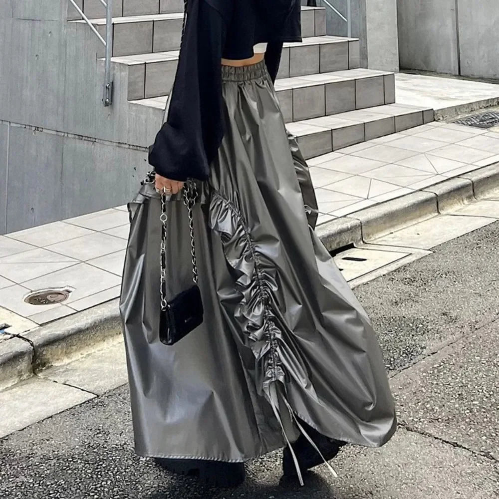 Lunivop Gray Shirring Maxi Skirts for Women Fashion High Waist Irregular A-line Skirt Autumn Winter Vintage Ruffle Y2K Skirt
