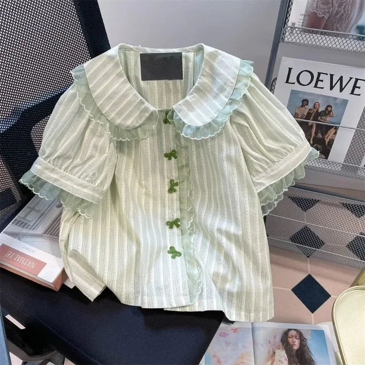 Lunivop  Gentle Sweet Striped Peter Pan Collar Blouses Summer Fresh Green Puff Sleeve Shirts Women Y2k Grunge Bow Button Blusas Mujer