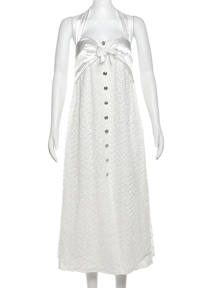 Lunivop Sexy Hollow Out Lace Bow Women Maxi Dress White Backless Single Breasted Dress Female Summer Slim Elegant Party Clubwear