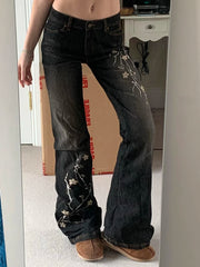 Lunivop Weekeep Floral Embroidery Jeans Vintage 2000s Low Rise Flared Jeans Women Retro Y2k Baggy Denim Pants High Street Basic Trousers