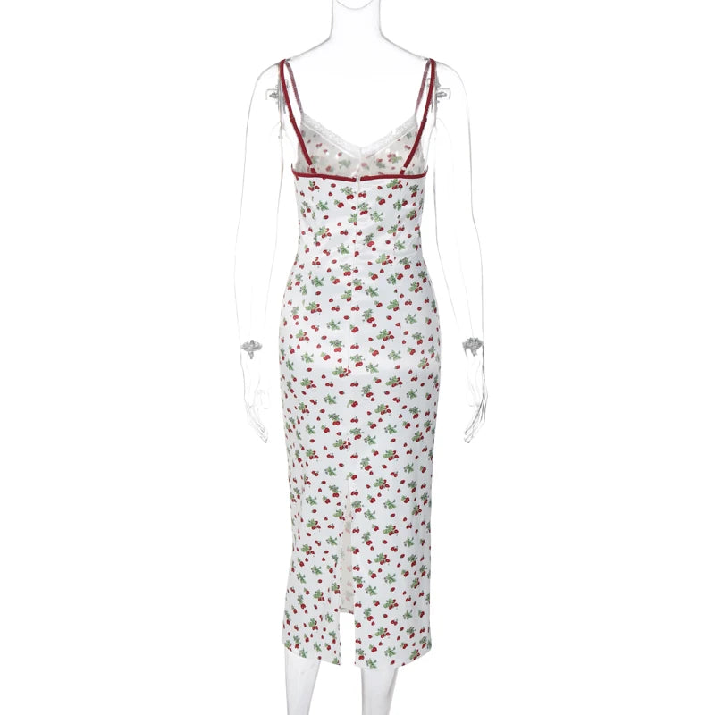 Lunivop Satin Strawbary Print Slit Lace Zipper Back Women'S Dresses Summer Autumn Party Prom Lady Casual Streetwear Clothing