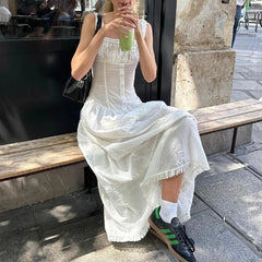 Lunivop   Elegant Square-neck White Maxi Dress Casual Summer Slim Lace Up Sleeveless Dreses 2024 French Party Beachwear Vestidos