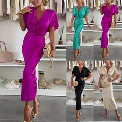 Lunivop  Solid Color Spring Summer New Satin Twisted Bat Sleeve Dress Y2k Clothes Women Loose Vacation Outfits Party Dresses