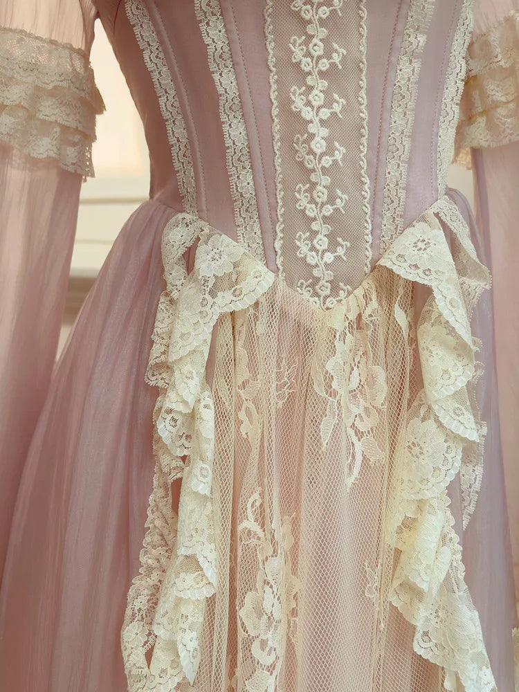 Lunivop New Peter Pan Collar Women Butterfly Sleeve Dresses 2025 Spring Fashion Lace Patchwork Bow Embroidery Dress Female
