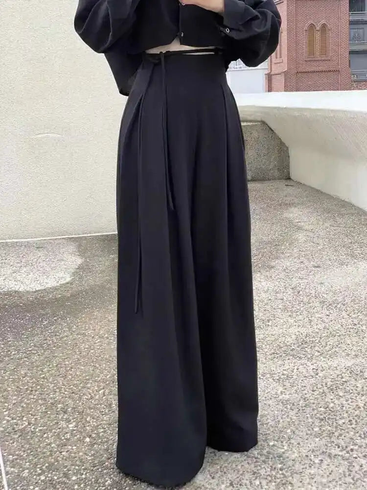 Lunivop Vintage Women Wide Leg Pants Shirring Lace-up Loose Versatile 2025 New Autumn Female High Waist Fashion Trousers 17G7456
