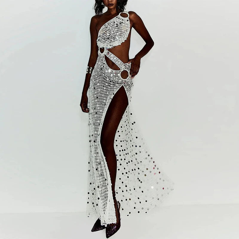 Lunivop  Sequin One-Shoulder Cutout Maxi Dress Sheer Crochet High Slit Summer Sexy Women Dresses Fashion Holiday Chic Beach Vestido