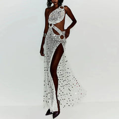 Lunivop  Sequin One-Shoulder Cutout Maxi Dress Sheer Crochet High Slit Summer Sexy Women Dresses Fashion Holiday Chic Beach Vestido