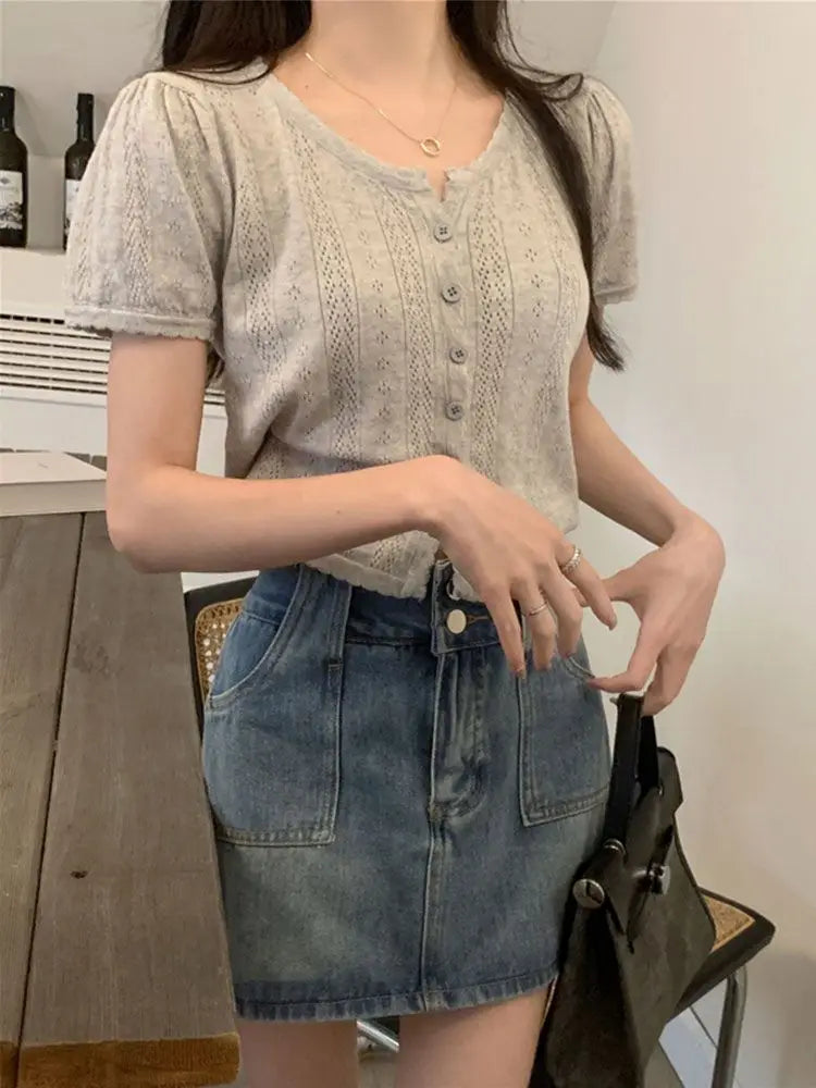 Lunivop  Design Sensation Hollow out ort Knitted Top Women's Summer New Fre Sweet Anti-Aging Charming irt Korean Sle Slim Fit