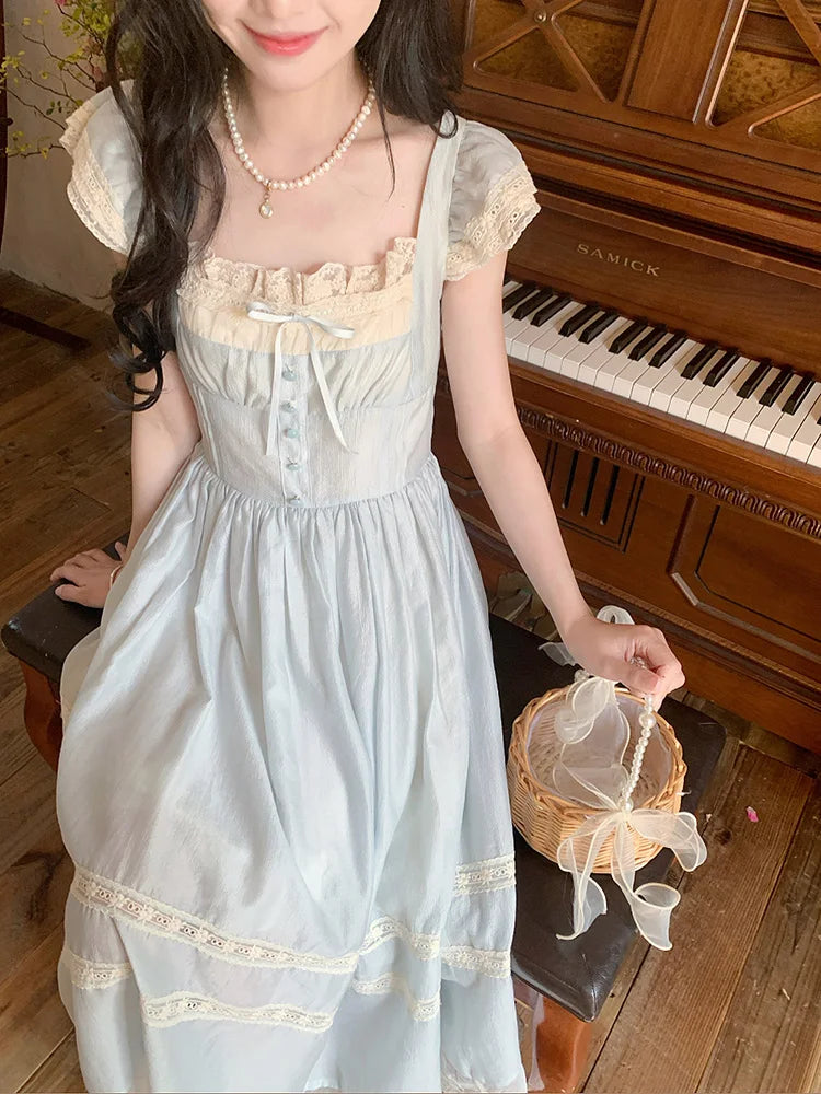 Lunivop  Elegant Blue Long Dress Women Sweet Lace Patchwork Vintage Dress High Quality Casual Flying Sleeve Bow Lady Retro Vestidos