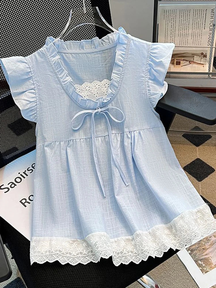 Lunivop  Sweet Lace Patchwork Tanks Women Loose Flying Sleeve Elegant Tanks Tops Vintage Casual Female Korean Summer Retro Tops New