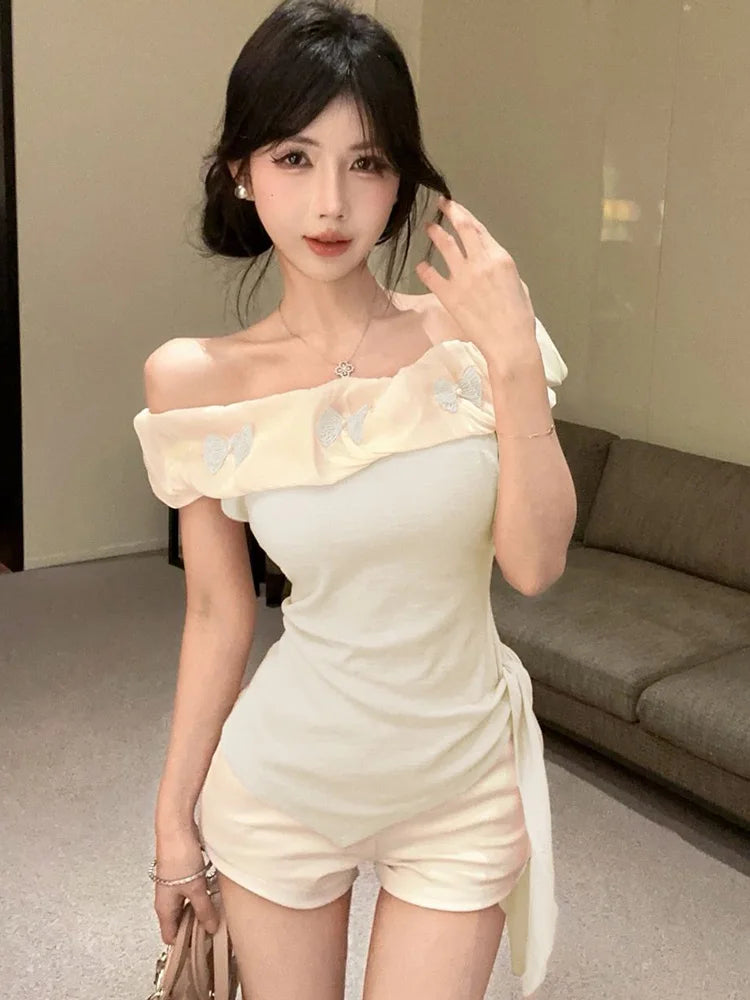 Lunivop  Sexy Off Shoulder Slim T Shirt Women Elegant Fashion Slash Neck Sweet Tees Korean Lace Up Design Irregular Butterfly Tops