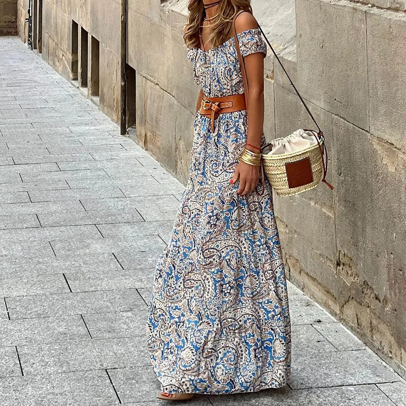 Lunivop  Women Elegant Off Shoulder Slash Neck Long Dress Summer Floral Print A-Line Short Sleeve Bohemian Sundress with Belt
