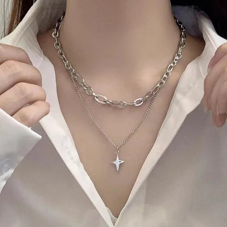 Lunivop New Design Double Layer Link Chain Cross Star Necklace for Women Man Teens Trendy Punk Hip hop Stainless Steel Choker