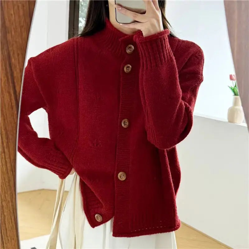 Lunivop Women's Knit Cardigan Sweater Button-up Stand Collare Soft Woolen Pointelle Sweater Jacket Coat Korean Autumn Winter Outfit