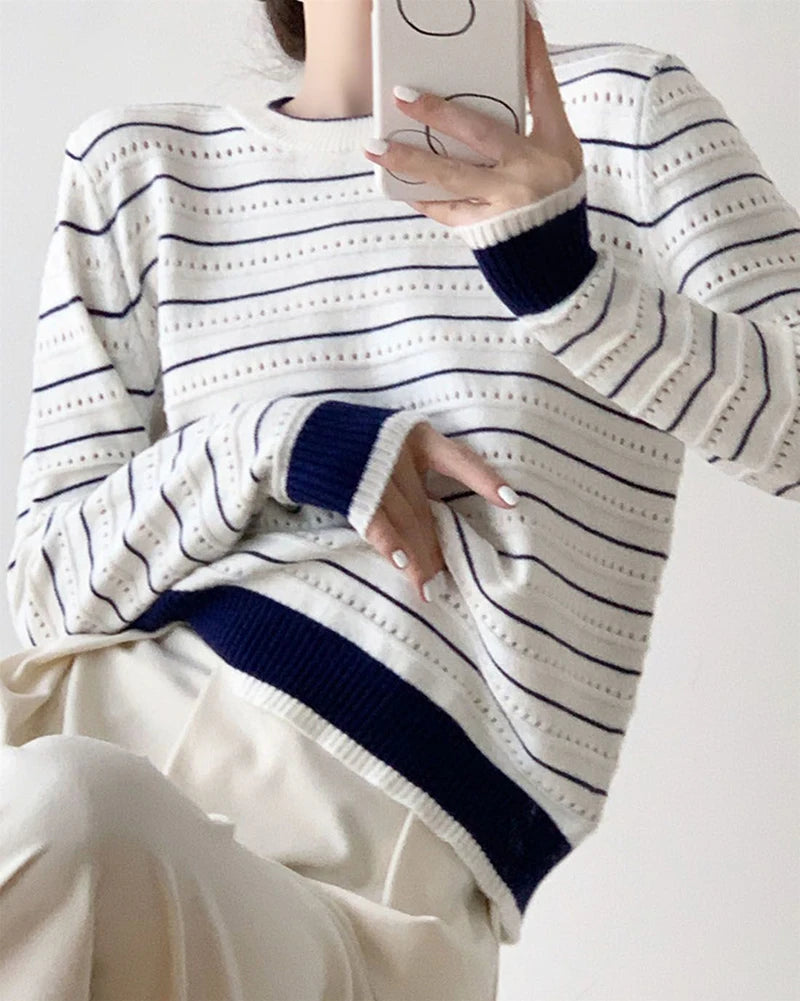 Lunivop Vintage Elegant Striped Sweaters Women Loose O Neck Hollow Out Knitted Pullover French Retro Long Sleeve Casual Jumper Tops