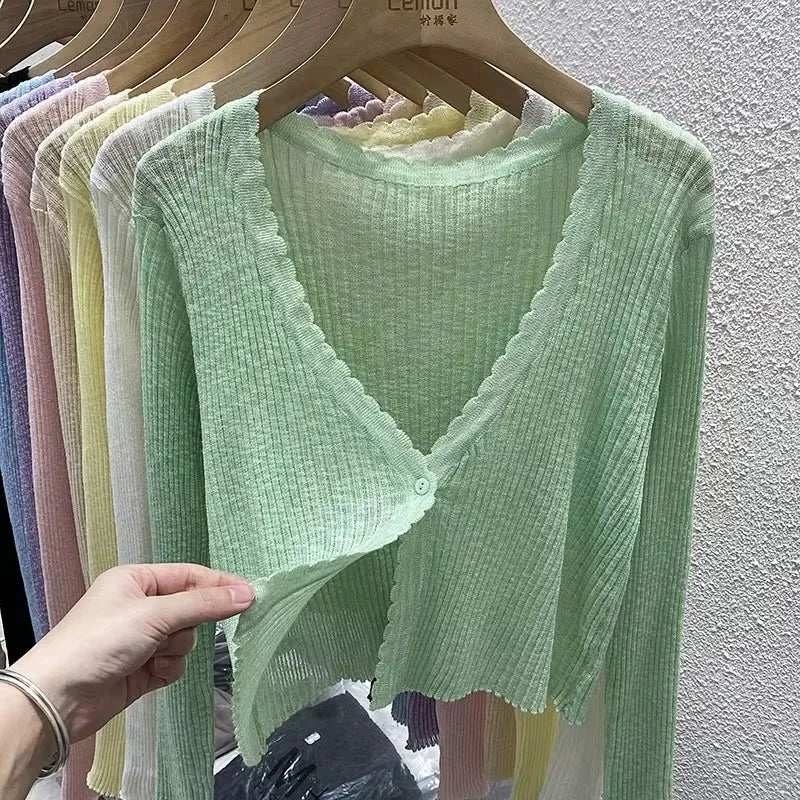 Lunivop Lightweight Sunscreen Shirt Women Crop Tops One Button Hollow Out Knit White Long Sleeve Cardigan Elegant Casual Shawl Coat