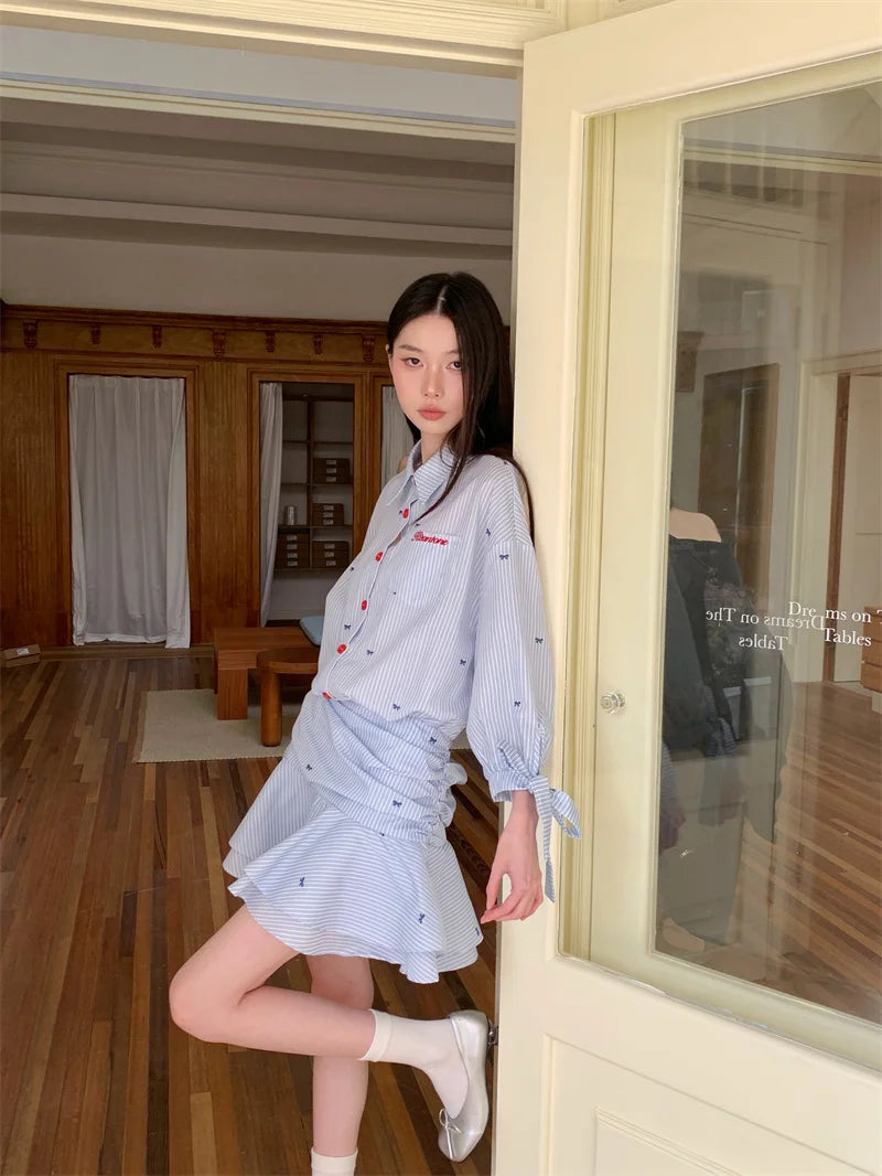 Lunivop Preppy Blue Striped Button Up Shirt Dress For Woman Fall Clothes Ruffles Tunics Mini Short Dress Youth Clothing