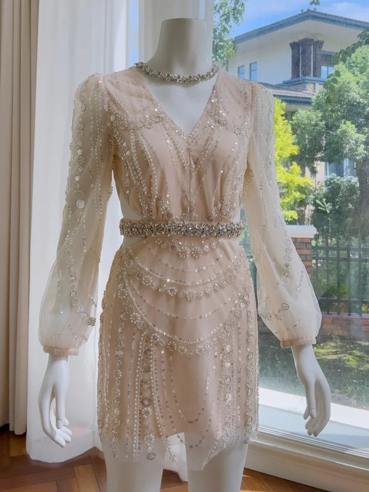 Lunivop  2025 Spring New Bead Sequin Embellishment Glamorous Women Dress V - Neck Long Puff Sleeve Short Dresses Female