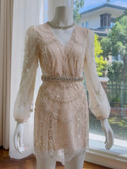 Lunivop  2025 Spring New Bead Sequin Embellishment Glamorous Women Dress V - Neck Long Puff Sleeve Short Dresses Female