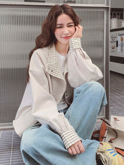 Lunivop Korean Sweet Chic Jacket Women Loose Fall Long Sleeve Elegant Short Coat Fashion Plaid Patchwork Preppy Style Cute Outwear Tops