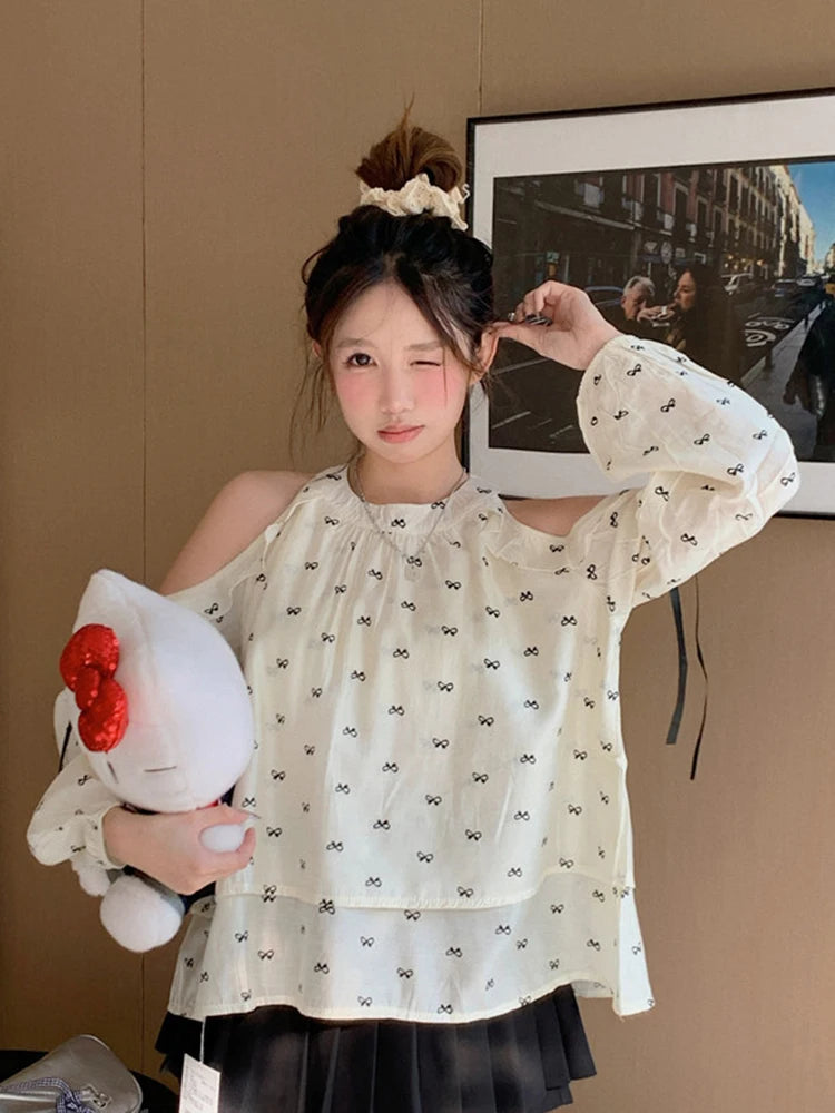 Lunivop Sweet Off Shoulder Shirt Women Long Sleeve Bow Print Loose Blouse Korean Fashion Hollow Out Elegant Female Chic Spring Tops