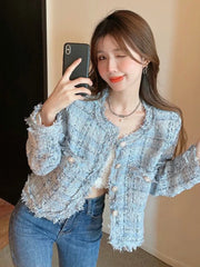 Lunivop  Zoki Chic Tassel Slim Tweed Jacket Women Casual Sweet Long Sleeve Short Coat Korean Fashion O Neck Elegant Design Plaid Tops New