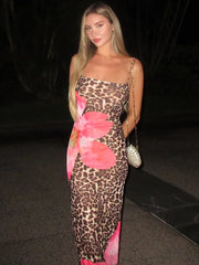 Lunivop Floral Leopard Print Sexy Maxi Dress Women Gown Fashion Spaghetti Strap Sleeveless Backless High Waist Printed Dress