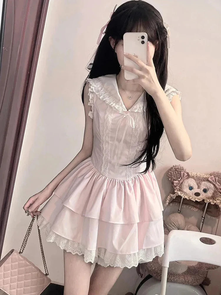 Lunivop  Sweet Slim Pink Dress Women Cute Preppy Style Sailor Collar Mini Dress Casual Retro Japan Lace Patchwork Kawaii Cake Dress