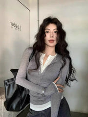 Lunivop  Korean Chic Design Fake Two Pieces Long Sleeves Shirt Women Autumn 2024 New Elegant All Match Slim Fit Slimming Base Tops Winter