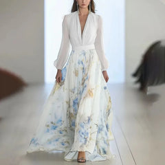 Lunivop  Elegant Long Sleeve Maxi Dress Women Summer Fashion Slim Floral Print V-neck White Long Dresses Casual Ethnic Style Resort