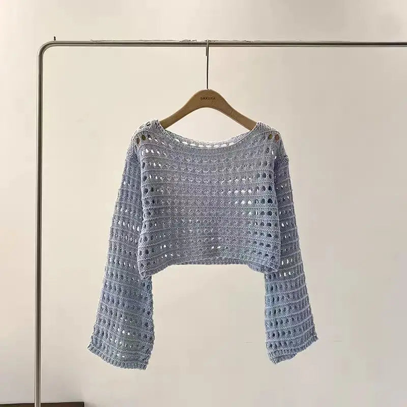 Lunivop Long Sleeve Crochet Knit Top Summer Beach Bikini Cover Up Crop Pullover Wool Knitwear Blouse Women Vacation Boho Outfit