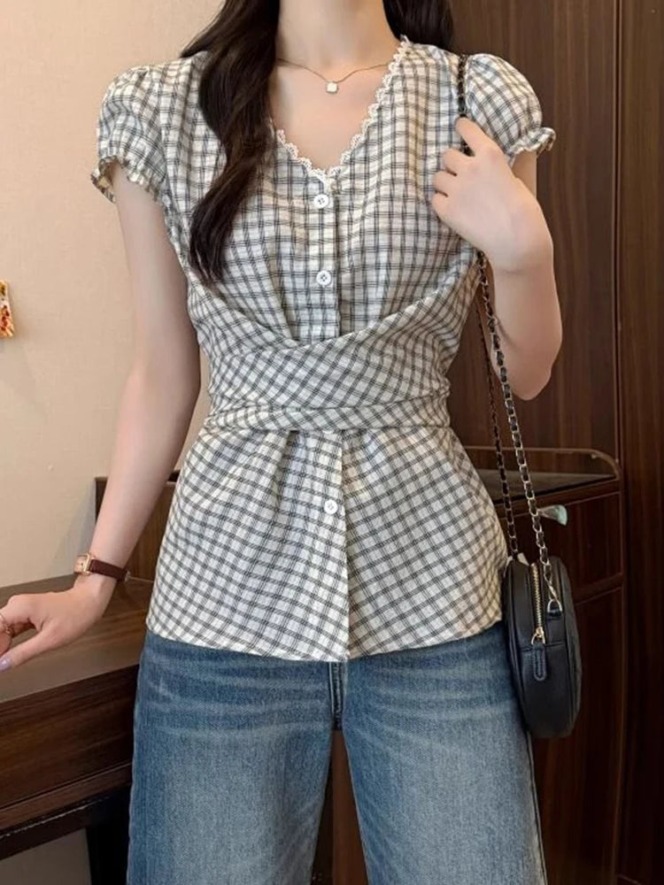 Lunivop Plaid Vintage Blouse Women V Neck Slim Design Back Bandage Shirt Korean Retro Lace Patchwork Casual Summer Bow Sweet Tops