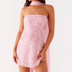 Lunivop  New Women Mini Dress Floral Print Tube Dress Summer Fashion Backless Casual Strapless Dress with Choker Scarf S-XL