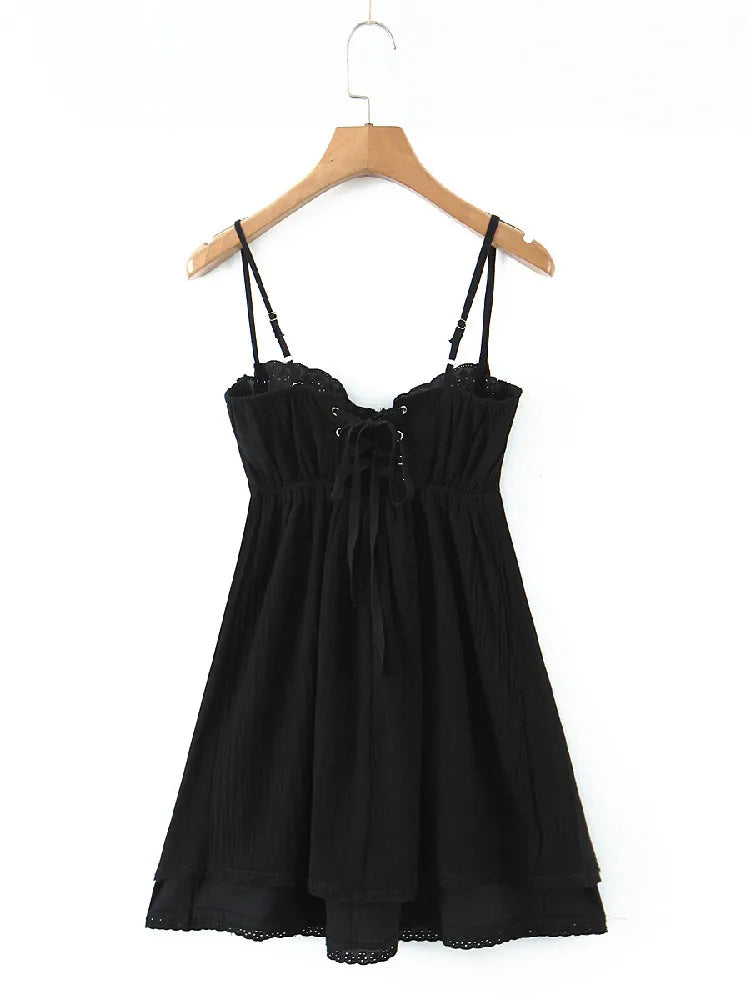 Lunivop  Sexy Black Spliced Embroidery Lace Bra Corset style Sling Dress Women Cross Lacing Up Back Backless Short Dresses Robe Holiday