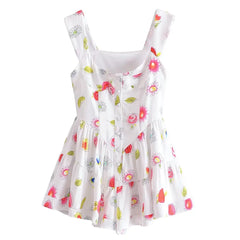 Lunivop  Summer U Collar White Print Flower Sleeveless Bodysuits Women Ruched Ruffles Hem Skirt-shorts Jumpsuit Tank Romper Overalls