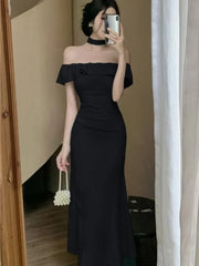 Lunivop Sexy Solid Off Shoulder Mermaid Dresses Summer Slim Waist Vestidos Mujer Elegant Ruffles Slash Neck Bodycon Evening Party Dress