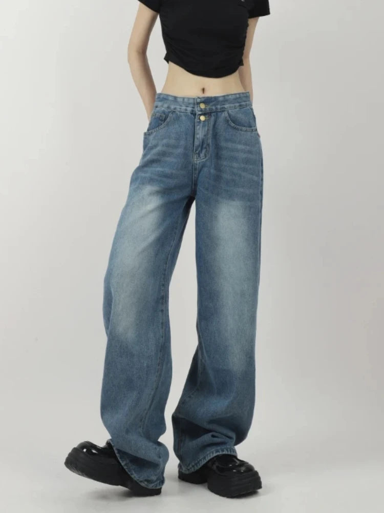 Lunivop Y2k Vintage Women Jeans Flanged Design Harajuku High Waist Korean Fashion Denim Pants Baggy Wide Leg Streetwear Spring