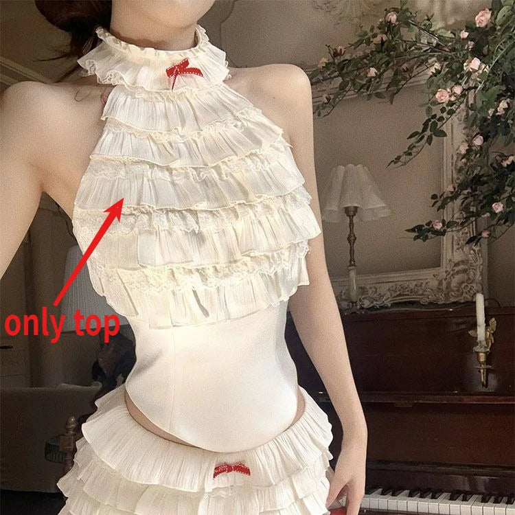 Lunivop  Ruffles Patchwork Halter Sleeveless Vest Top for Women+ High Waist Sweet Skirts Shorts 2025 Summer New Two Piece Sets