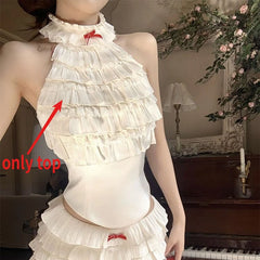 Lunivop  Ruffles Patchwork Halter Sleeveless Vest Top for Women+ High Waist Sweet Skirts Shorts 2025 Summer New Two Piece Sets