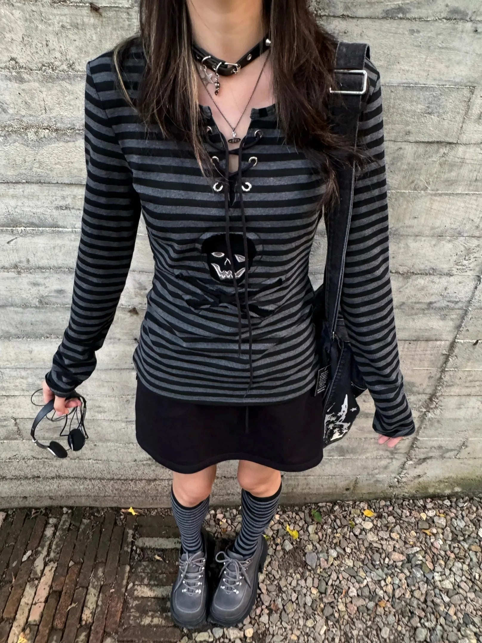 Lunivop Gothic Print T-shirt Women Lace Up Striped Tee Tops Y2k Vintage Grunge Tops Punk Style Streetwear Japanese 2000s Tops