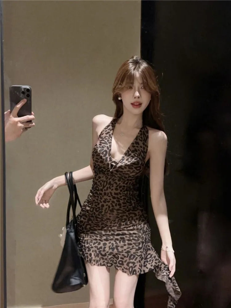 Lunivop  Leopard Print Halter Vest Dress for Women Sexy Slim Wasit Bodycon Vestidos De Mujer 2025 Summer New Sleeveless Dresses