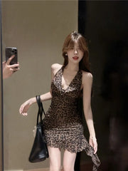 Lunivop  Leopard Print Halter Vest Dress for Women Sexy Slim Wasit Bodycon Vestidos De Mujer 2025 Summer New Sleeveless Dresses