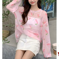 Lunivop  Summer New Women's Sunscreen Clothing Crew Neck Strawberry Print Stylish Loose All-match Long Sleeve Casual T-shirt Tops