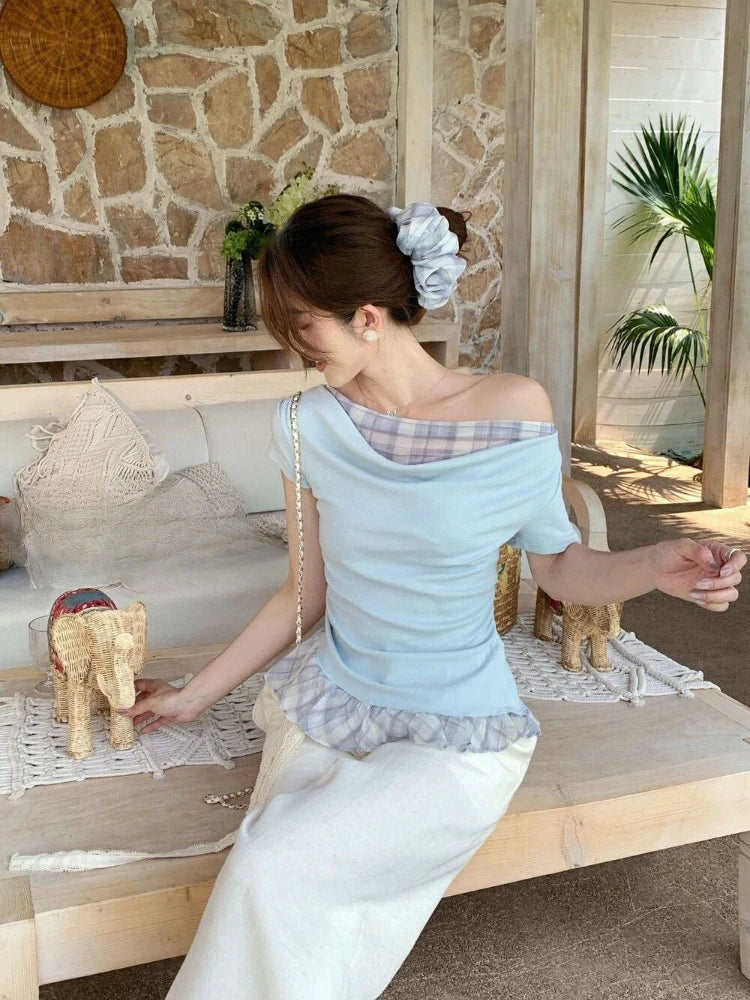 Lunivop  T Shirts Women Plaid Patchwork Swinging Collar Off Shoulder Ruffles Short Sleeve Summer Fashion Sweet Tops Casual Tshirt