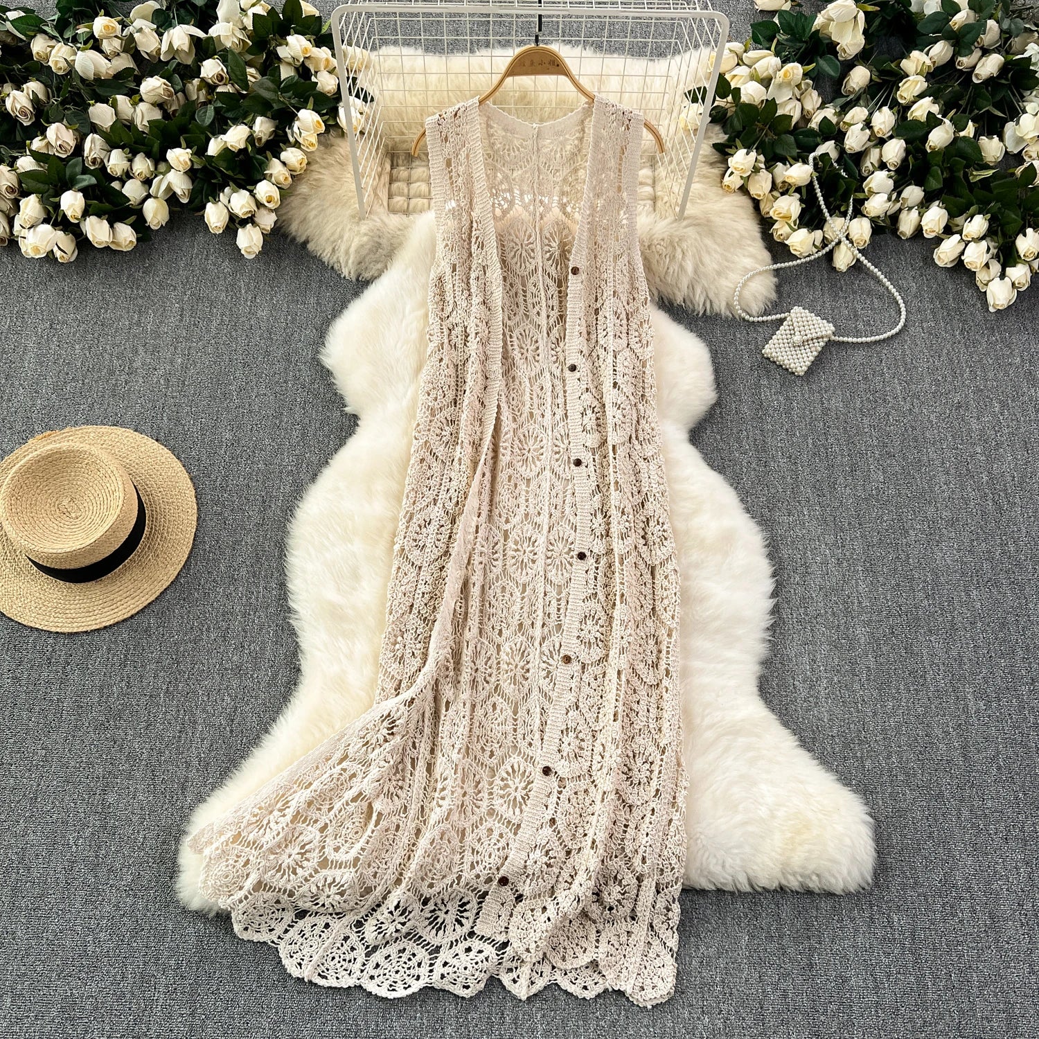 Lunivop Longline Crochet Cardigan Button Front Sleeveless Sheer Open-knit Long Cover-up Jacket Women Summer Beach Vacation Outfit