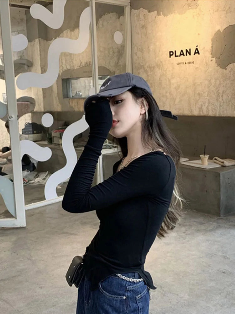 Lunivop Long Sleeve T-shirts Women Fungus Line Irregular Hem Knitted Slender Autumn Bottoming Tees Chic Fashion Sexy Solid Ulzzang New
